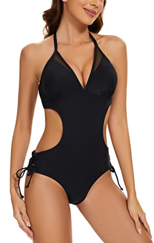 Women's Halter Cutout One Piece Swimsuit Mesh Monokini Bathing Suit2