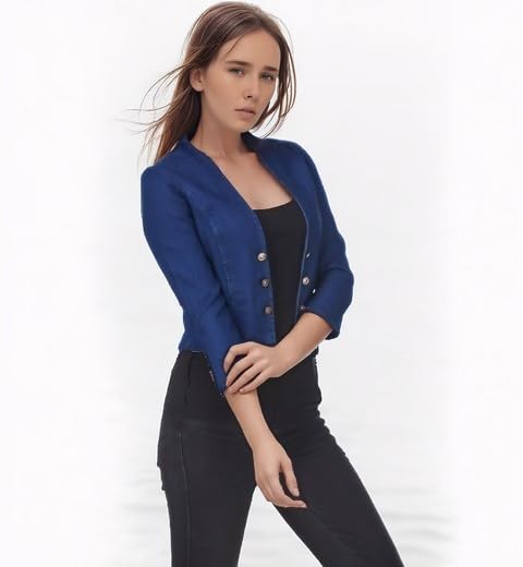 Image of Women's Blue Cropped Blazer, 3 /4 Sleeve, Button Front, Formal Jacket