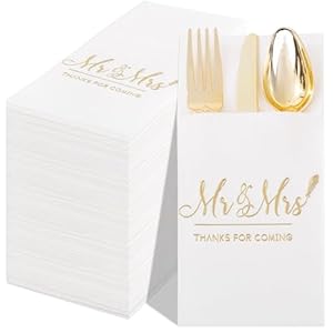 Nervure 100PCS Wedding Napkins with Built in Flatware Pocket White and Gold Mr Mrs Prefolded Cloth Like Disposable Napkins for Wedding Bridal Shower