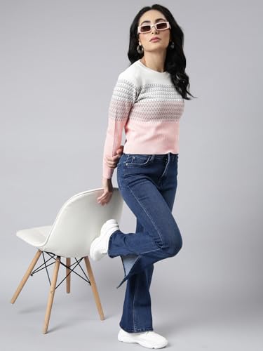 Image of SHOWOFFFF Women Geometric Fitted Casual Top | Round Neck Full Sleeves Knitted Top's for Womens | Regular Fit Midi Tops for Women's