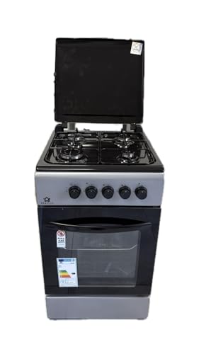 Cucina A Gas 4 Fuochi Con Forno A Gas 50 x 50 cm Colore Grigio e Nero Con Coperchio