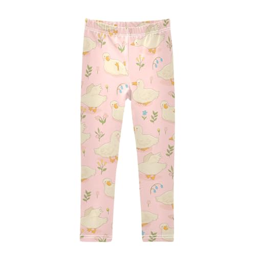 White Ducks Flowers Girls Leggings,Workout Leggings for Girls Toddler Athletic Leggings Size for 3-10T