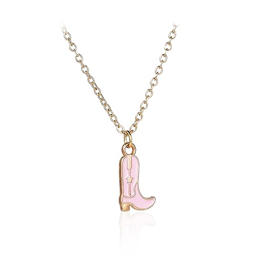 Western Gold Plated Pink Pendant Necklace Cowboy Boot Hats 14k Gold Necklaces Disco Cow Charms Cowgirl Aesthetic Jewelry Accessories Gifts for Women Boys Girls