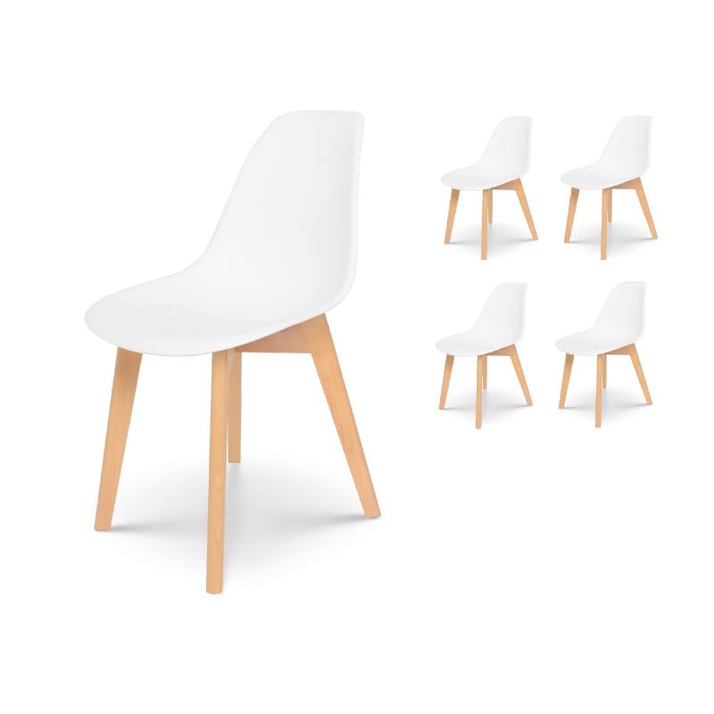 Kosmi Lot de 4 chaises Style scandinave modèle Gabby - Coque en résine Blanche et Pieds en Bois Naturel
