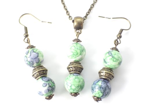 Ensemble collier et boucles d'oreilles en bronze et jade blanc à offrir pour une occasion