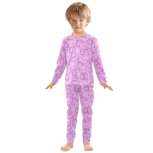 Cute Capybara with Hearts Purple Cute Pajama Sets Long Sleeve Top and Pants, Snug Fit Sleepwear for Night Wears3