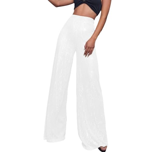 Womens Wide Leg Pants Elastic High Waist Sequin Sparkly Dance Pants Baggy Summer Fashion Baggy Palazzo Stretch Trousers White