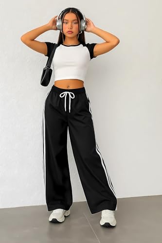 Image of SAKHWALA Women Track Pant | Women's Wide Leg Track Pants High Waist Drawstring Sweatpants with Side Stripes, Casual Loose Fit Lounge Joggers, Dark Grey