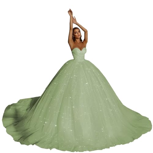 XYAYE Sparkly Strapless Wedding Dress with Long Train Puffy Tulle Quinceanera Dresses Sweetheart Pleated Ball Gown