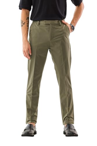Image of SNITCH Men Casual Trousers | Slim Fit Mid Rise Solid Design | Durable Cotton Blend & Smooth Texture for Office & Everyday Wear |Olive