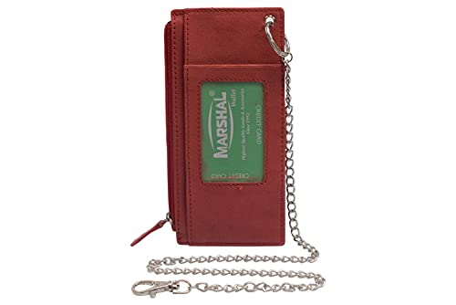 MARSHAL Women's Card Case Holder Slim Wallet with Chain & Card Protection Strap Genuine Leather (Red)