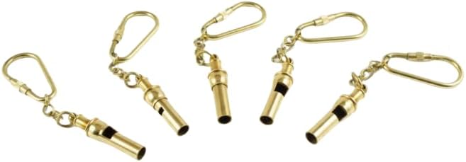 Set of 5 Brass Nautical Boy Scout Cadet Referee Sports Whistle Keychain Keyring Clip Loud Safety Whistle for Hiking, Camping