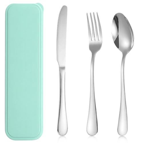 3PCS Cubiertos Camping de Acero Inoxidable, con Estuche Escolares,Juego de Cubiertos para Camping,Porta Cubiertos para Llevar al Trabajo Portátiles,para Exteriores Viajes Camping (Verde)