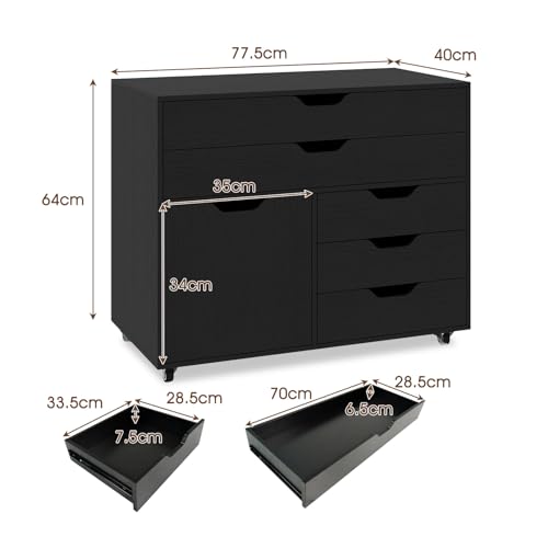 KOMFOTTEU Archivador Móvil con 5 Ruedas, Soporte para Impresora con 5 Cajones en 2 Tamaños y Armario con Puerta, Mueble de Almacenaje para Oficina, Cajonera Escritorio, 77,5 x 40 x 64 cm (Negro) - imagen 3