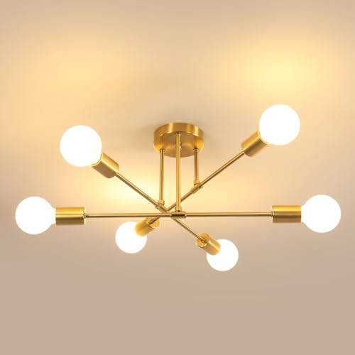 Goeco Lámpara De Techo Vintage, Ø 60 cm Lámparas Colgantes Bombilla E27 de 6 Luces, Plafon de Techo Industrial Dorada para Salón Dormitorio (No Incluidas Bombillas)