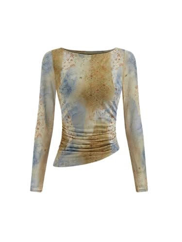 CIDER Womens Floral Print Long Sleeve Top Ruched Slim Fit Y2K Fashion Shirt