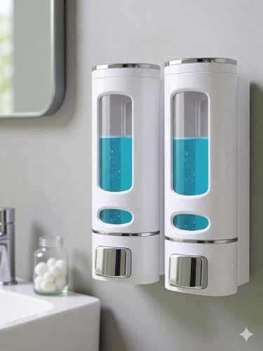 Image of Plastic Wall Mounted Soap Shampoo Conditioner Hand Wash Gel Dispenser Liquid Soap Sanitizer Dispenser for Bathroom Basin Kitchen Sink ||400 Ml White || Pack of 2||