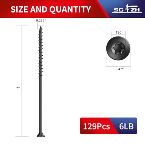 Image of #14 x 7 Inch Deck Screws (129Pcs) 6lb. Exterior Wood Screws. Carbon Steel, Black, Flat Head, Rust Resistant epoxy Coated, with T30 Star Bit