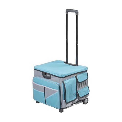 SVYP Mobile Folding Utility Cart with Canvas Storage Organizer Bag, Rolling Cart, Turquoise/Grey