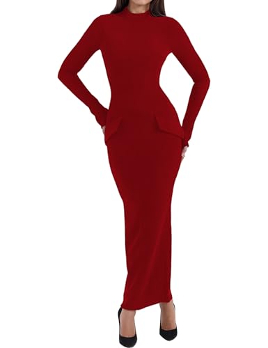 Women's Sexy Mock Neck Back Slit Long Sleeve Bodycon Maxi Dress Elegant Flared Sleeve Prom Dress