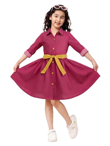 Image of A.T.U.N. (ALL THINGS UBER NICE) Girls 100% Cotton Shirt Dress with Belt | Solid Button-Down Dress with Collar Neck | Soft Breathable Kids Outfit for Girls
