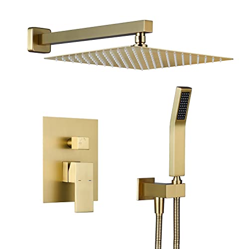 Image of Rain Shower System 12 Inches Shower Combo Set Brushed Gold Wall Mount Faucet Bathroom Faucets with Rainfall Shower Head and Hand Shower
