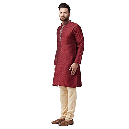 Image of SOJANYA (Since 1958 Mens Maroon Jacquard Silk Kurta and Black Churidaar Pyjama Set