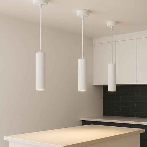 Image of CGC Lighting White Cylinder Tube Slim Short Small Pendant Suspended Ceiling Light Adjustable Modern Dining Room Kitchen Lounge Hallway Bedroom