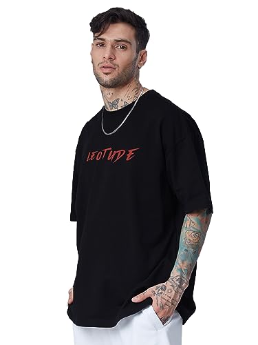 LEOTUDE Men's Cottonblend Oversized Half Sleeve Round Neck Back Printed Tshirt (Color Black)
