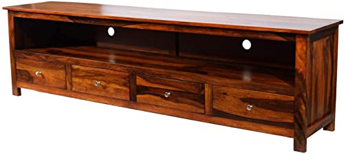 Image of Sheesham Solid Wood TV Cabinet for Living Room | Handcrafted Wooden TV Unit with Storage | Elegant Entertainment Stand for Modern Homes (4 Drawer Tv Cabinet, Teak)