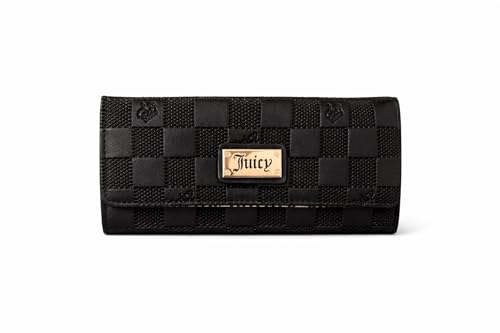 Juicy Couture Womens Slim Elongated Bifold Wallet Checkered Embossed Faux Leather Snap Closure (Black Liquorice Check)
