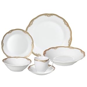 Lorren Home Trends Catherine 24 Piece Porcelain Dinnerware Set, Gold