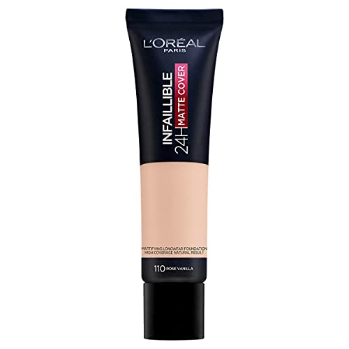 L'Oreal Paris Foundation, Infallible Matte Cover 24hour 110 Rose Vanilla, Sweat-proof, Heat-proof, Transfer-proof and Water-proof, SPF 18, 30 ml