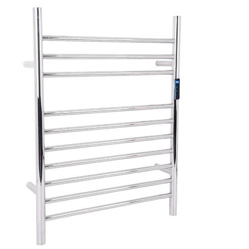 Dawot 10-Bars Silver Heated Towel Rack–23" Wall Mounted Towel Warmer with Timer & Temperature Control, Stainless Steel