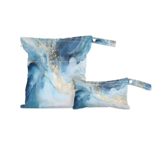 GzLeyigou 2 Pack Wet Bags for Swimsuits, Bright Marble Waterproof Washable Dirty Clothes Bag Blue Gold Marble Wet Dry Bag with Zipper Pocket Bathing Suit Workout Bag Wet Swimsuit Bag for Travel Beach
