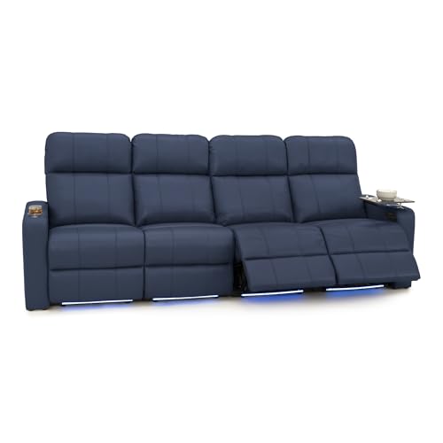 Image of Seatcraft Monterey Home Theater Seating Navy Blue Row of 4 Sofa | Italian Leather, Wall Hugger, Zero Gravity, Powered Headrest, Power Recline, Zero Gap, USB charging