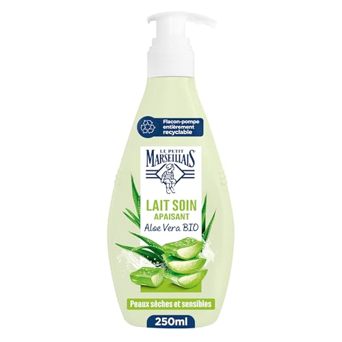 Le Petit Marseillais - Lait Soin Apaisant (Flacon-Pompe de 250 Ml) – Lait Corps pour Peaux Sèches et Sensibles – Lait Corporel Hydratation 48H à l'Aloe...