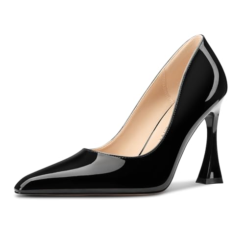 Image of HDEUOLM Womens Stiletto High Heel Square Toe Pumps Slip-on Office Dress Patent Leather 3.9 Inches Heels