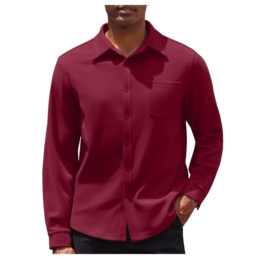 COOFANDY Camisa masculina de flanela lisa, manga comprida, abotoada, casual, leve, jaqueta de outono, Vermelho escuro, P