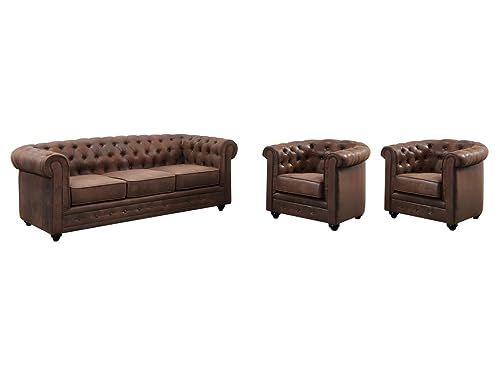 Vente-unique - Canapé 3 Places et 2 fauteuils Chesterfield en Microfibre Aspect Cuir Vieilli