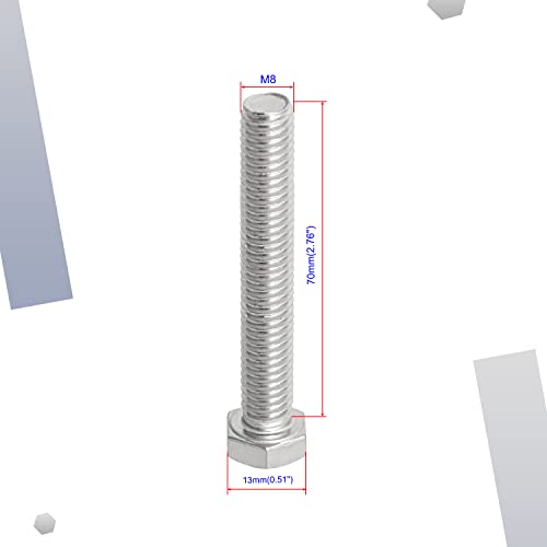 Image of M8 x 70mm Hex Head Bolts Screws Grade 6.8 Stainless Steel, Fasteners Fully Machine Threaded SUS304 10 Pcs