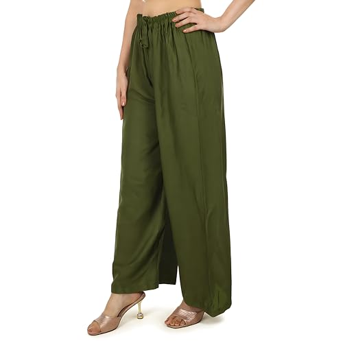 Image of Women's Rayon Palazzo Pants | Solid Color Wide Leg Trousers in 18 Shades | Elastic Waist Casual Bottoms XS-7XL | Comfortable