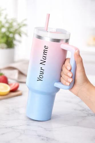 Image of SKDBPM Personalized Stainless Steel Tumbler with Handle, 1200ml Capacity, Black Insulated Travel Mug with Straw, Custom Name Design (Candy)