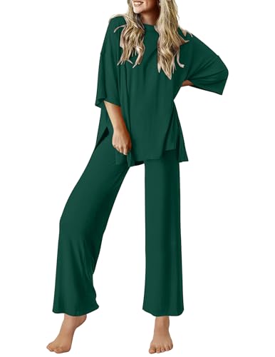 Image of Ekouaer Lounge Sets for Women Short Sleeve Tops and Long Pants Soft Comfy Pajamas Set 2 Piece Outfits