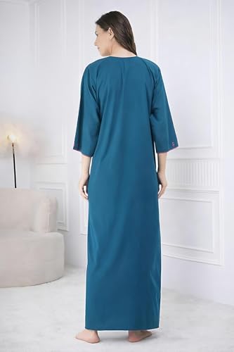 Image of Lissybissy Cotton Women Gown - Free Size with Side Pocket | Embroidery Full Sleeve Sleepwear | Loose Fit, Breathable, Comfortable & Soft Fabric Night Dress | Ideal for Gifting