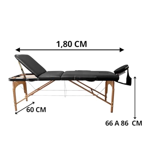 Maca Dobrável Madeira 250kg Estética Massagem Portátil Cor Preto - Gold - Modelo 3 Seções 1,80x60cm