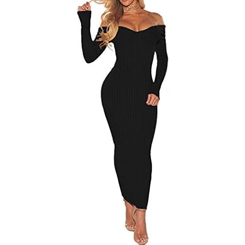 SheKiss Women's Off Shoulder Long Sleeves Bodycon Sweater Dress Sexy Knit Slim Cardigans Black Cover