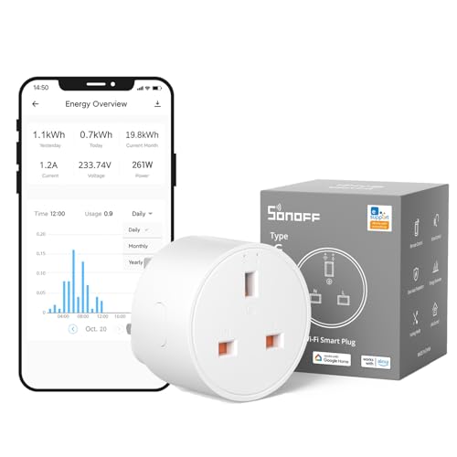 SONOFF WiFi Smart Plug Socket Mini Smart Socket with Energy Power Monitoring Remote Control Schedule Functions Works with Alexa/Google Home and IFTTT 2.4 GHz No Hub Required S60TPG