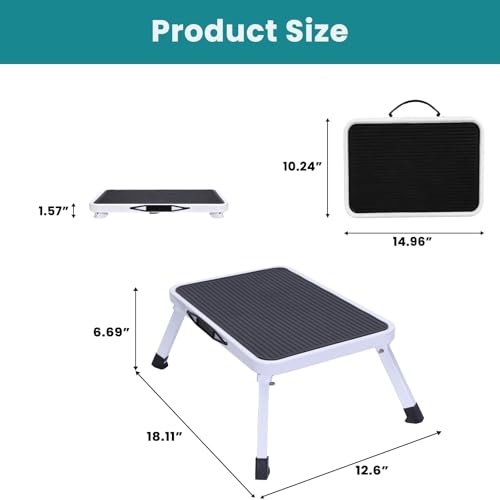 Image of OLIXIS Foldable Step Stool, 330lbs with Non-Slip Platform & Rubber Feet | 1-Step Ladder with Carrying Handle, Sturdy Metal Stool for RV, Truck, Home Kitchen, Indoor & Outdoor Use