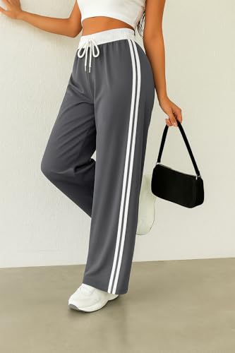 Image of SAKHWALA Women Track Pant | Women's Wide Leg Track Pants High Waist Drawstring Sweatpants with Side Stripes, Casual Loose Fit Lounge Joggers, White
